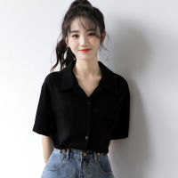 New Simple and Black, Short Sleeve Shirt Womens Korean-Style Black Shirt Chiffon Top Fashion 255