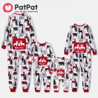 PatPat คริสต์มาสครอบครัวจับคู่ Allover พิมพ์แขนยาวซิป Onesies ชุดนอน (ทนไฟ)