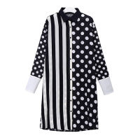 Korean Style Woman Plus Size Black Shirt Dress Polka Dots Printed Stripes Long Sleeve Straight Casual Midi Dress Robe Femme 3191