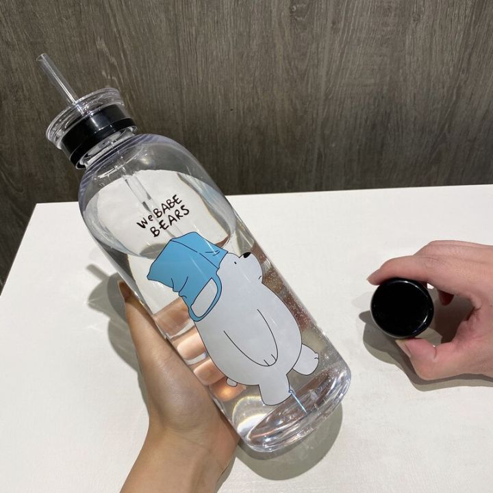 1000ml-portable-large-cartoon-water-bottle-panda-cute-bear-frosted-straw-cup-food-grade-heat-resistant-good-feel-water-bottle