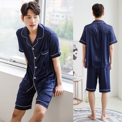 Ready❤ 【M-5XL READY STOCK】Mens pajamas summer short sleeve shorts simulation silk satin loose plus size ice silk home clothes