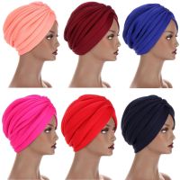 【YF】 Women Muslim Turban Cap Wrap Head Scarf Cotton Autumn Winter Stretchy Beanies Hats Pleated Indian Milk Silk Twisted Braid Caps