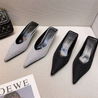 2023 Spring Summer New Half Slipper For Women‘s Outer Wear Thin Mid Heel Elegant Evening Party Dress Sandals Shallow Silver Shoe