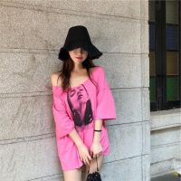 COD DSFDGDFFGHH Hong Kong Style New Loose Large Size Thin Strapless One Word Collar Short-Sleeved T-Shirt Womens Summer Mid-Length Half