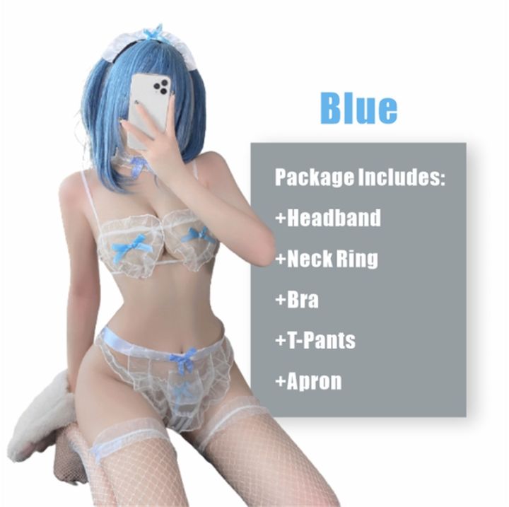cos-imitation-2022ใหม่สีฟ้า-kawaii-แม่บ้านคอสเพลย์สามจุดใสเครื่องแบบตาข่ายลูกไม้ชุดชั้นในสูทด้วยผ้ากันเปื้อนแม่บ้านชุด-sexi