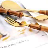 Drmfiy 30Pcs Gold Tableware Natural Bamboo Handle Cutlery Set Stainless Steel Flatware Set Knife Tea Fork Spoon Dinnerware Set