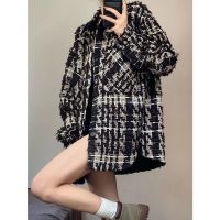 Lady Retro Small Fragrance Lattice Design Small Coat Female Autumn Casual Loose With All Ins Jacket Checked Tweed Coat For Ladies