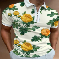 Summer  Yellow Rose 3d Print Polo Zipper Short Sleeve Shirt for Men 2023 new polo shirt