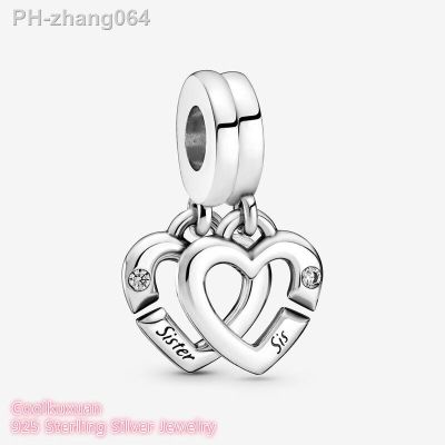 Original 925 Sterling Silver Linked Sister Hearts Split Dangle Charm beads Fits Pandora bracelets Jewelry Making Autumn