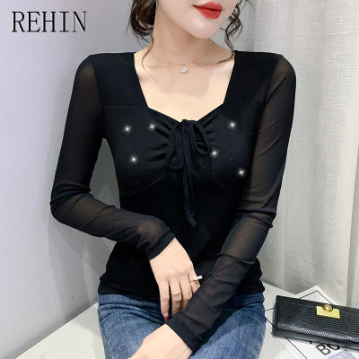 REHIN เสื้อยืดแขนยาวคอวีปักลายตาข่ายเข้ารูปสำหรับผู้หญิง,เสื้อยืดมาใหม่ล่าสุดฉบับภาษาเกาหลีแฟชั่นฤดูใบไม้ร่วง2023