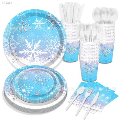 ◕㍿ Summer Snowflake Disposable Tableware Blue Snowflake Napkins Plates Cups Kids Girls Happy Snowflake Theme Birthday Party Decor
