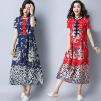 Cke CWwart New Spring and Summer Chinese Style Buckle cheongsam Dress for Women O-neck Cotton and Line Flower Printed Oriental Qipao Dress