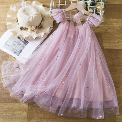 Dress for Girl 3-8 Yrs Summer Suspender Sequin New Birthday Princess Dress Ruffles Elegant Children Vacation Casual Vestidos