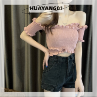 HUAYANG01 [2023 new HOT FASHION] lazlook เสื้อยืดถักแขนสั้นเปิดไหล่สุดเซ็กซี่สำหรับผู้หญิงเสื้อครอปขอบเป็นเชื้อราแนวย้อนยุคสำหรับฤดูร้อน