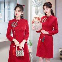 【 Bebo 】New Chinese Style Retro Red Embroidered Elegant Lace Cheongsam Dress Women Plus Size Age-reducing Spring Autumn Long-sleeved Clothes