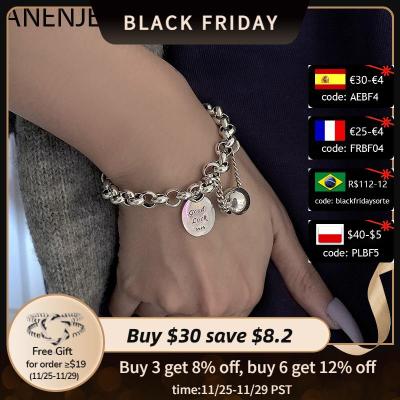ANENJERY 925 Sterling Silver Ball Pendant Tag Charms Bracelet for Women Vintage Thick Chain Hip Hop Bracelet Jewelry S-B516