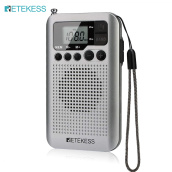 RETEKESS TR106 Đài FM AM Cầm Tay Màu Bạc Với Loa Màn Hình LCD Đồng Hồ Giắc Cắm Tai Nghe Và Khóa Phím