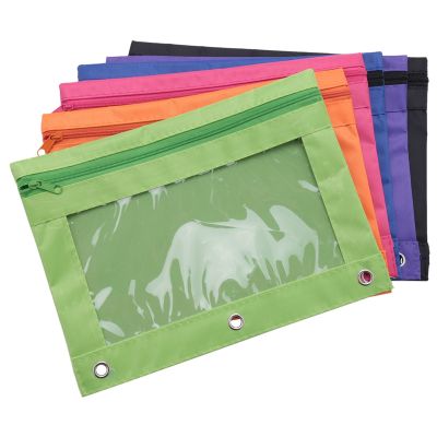 6 Pieces Ring Binder Pouch Pencil Bag with Holes 3-Ring Zipper Pouches with Clear Window (6 Colors)