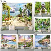 Spring Garden Landscape Tapestry Ocean Sailboats European Street Flower Plant Scenery Fabric Home Living Room Decor Wall Hanging