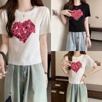 ? เสื้อไหมพรมทรงครอป แขนสั้นไหมพรม คอกลมลายหัวใจ สินค้าพร้อมส่ง ( Y1601 )-C