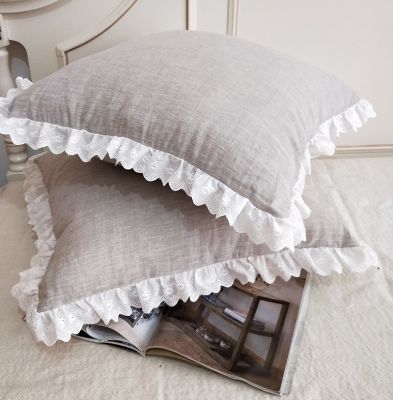 【CW】 grey linen pillowcase cushion white lace large pillow 40/45/50/60/70cm