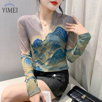 YIMEI เสื้อตาข่ายคอวีเกาหลี,เสื้อยืดผู้หญิงสวยเสื้อยืดย้อนยุคแนวแฟชั่นเสื้อเชิ้ตพลัสไซส์ล่างย้อมสี