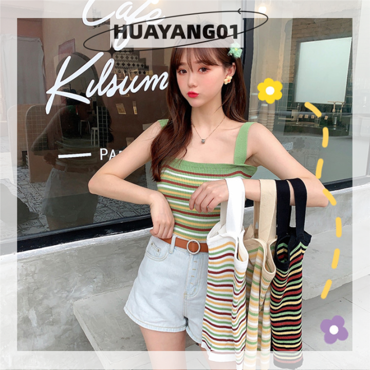 huayang01-2023-new-hot-fashion-lazlook-เสื้อกล้ามถักลายทางวินเทจฤดูร้อนเสื้อกล้ามผู้หญิงแขนกุดหวานเข้ารูป