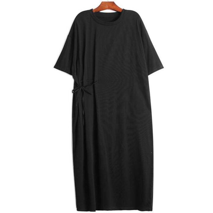 xitao-dress-drawstring-loose-solid-color-lace-up-t-shirt-dress