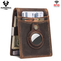 Genuine Leather Bifold Wallet Men RFID Card Holder With Anti-lost Airtag Tracker Design Money Clip Slim Minimalist Male Clutch