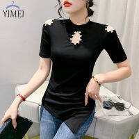 YIMEI เสื้อยืดคอกลมเข้ารูปโชว์ไหล่ติดเล็บเสื้อสีดำสั้นแบบบางเสื้อยืดสตรีใส่ได้หลายโอกาส MODE Korea แหวกแนว