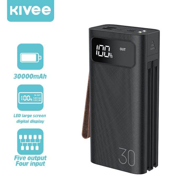 Pin Sạc Dự Phòng KIVEE PT302P Ban đầu 30000mAh Powerbank Tích hợp Cáp Micro  Lightning USB Loại C 2A Sạc nhanh Power Bank Đèn LED hiển thị ánh sáng LED  