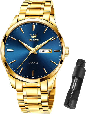 OLEVS Mens Gold Watches Waterproof Stainless Steel Lightweight Watch with Date Classic Luxury Dress Watch for Men Gold White Blue Green Dial Men Watch-Gold Steel Band with Blue Face