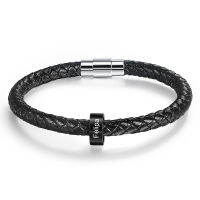 Personalized Men Leather Bracelet with 1-6 Name Beads Customized Family Names Black Rope Magentic Buckle Bracelets for Men