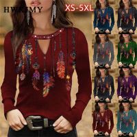 Women Fashion T-Shirt Tops Autumn and Winter Long Sleeve Loose Round Neck Floral Printed Shirs Female Plus Size S-5XL