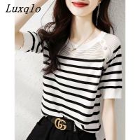 Luxqlo เสื้อยืดถักลายทางสำหรับผู้หญิง,เสื้อสวมหัวคอกลมสั้นลำลองทรงหลวมแฟชั่นใหม่ฤดูร้อน