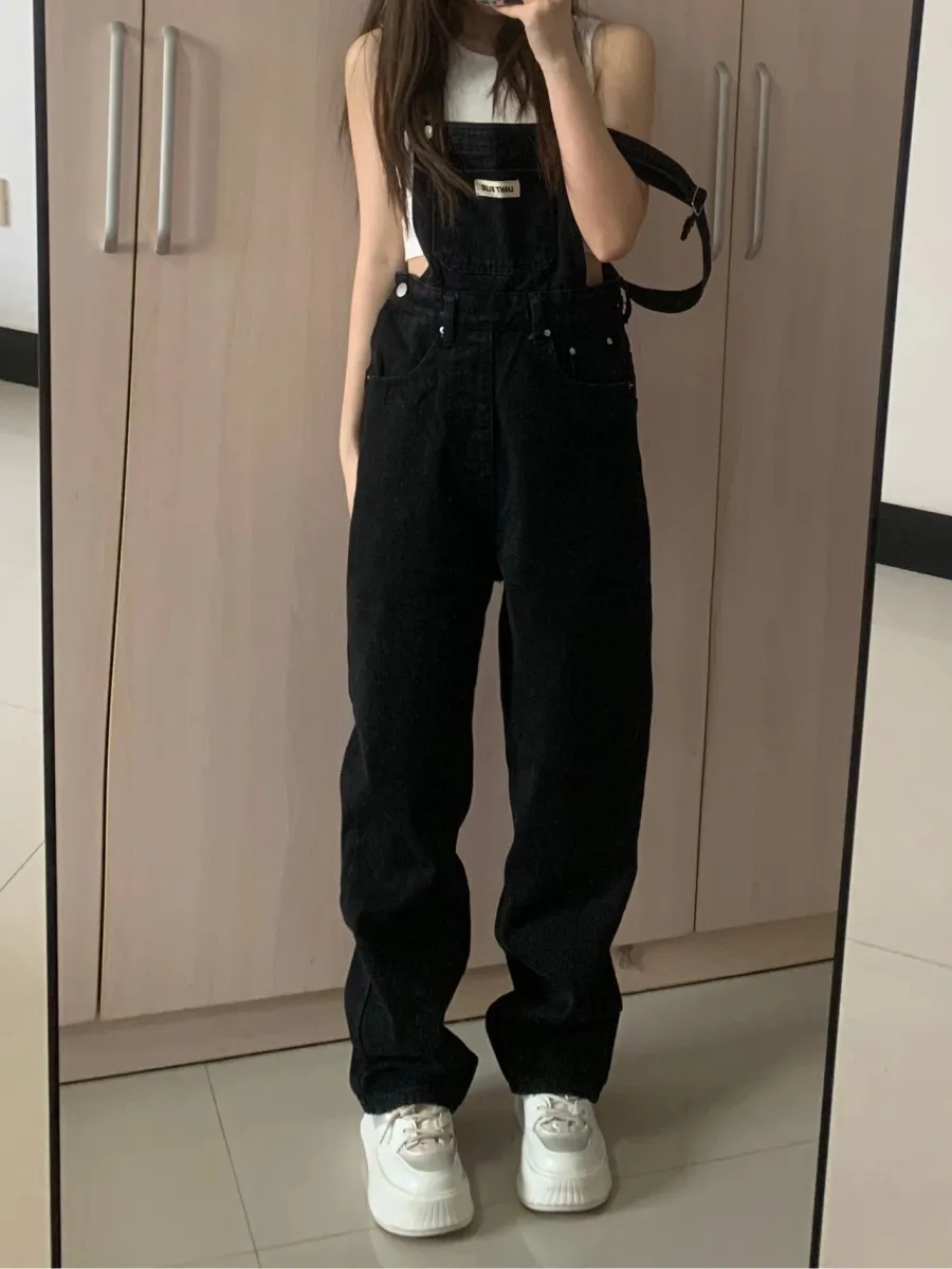 Black Denim Suspender Pants for Women Spring and Autumn New Large Size High  Waist Loose Straight Suspenders Mop Pants Ins Fashion Lazada PH