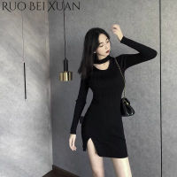 Ruo Bei Xuan ชุดกระโปรงสะโพกคอกลม2023แขนยาว Cewek Seksi ชุดใส่ด้านในทรงเพรียวบาง