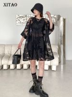 XITAO T-shirt Black Hollow Out Lace Loose Fashion Women T-shirt