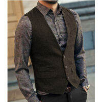 Slim Mens เสื้อกั๊ก T Waistcoat เสื้อกั๊ก Vintage Herringbone V คอ Casual ขนสัตว์เจ้าบ่าวชุดเสื้อกั๊กสำหรับงานแต่งงาน XS-5XL