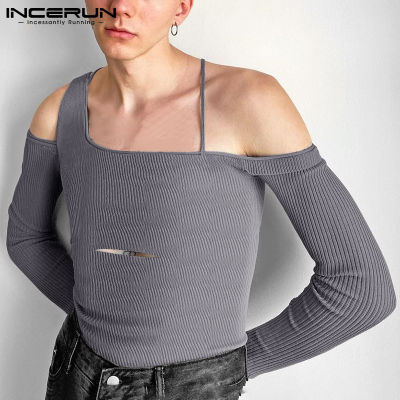 INCERUN เสื้อยืดไหล่เท่สำหรับผู้ชายเสื้อเข้ารูปเสื้อแบบถักเสื้อฮิปฮอปเสื้อธรรมดา (ลดล้างสต๊อก)