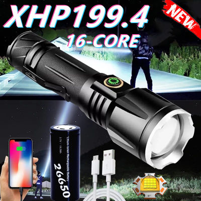 XHP199 Flashlight ไฟฉายแรงสูง ซูม 5 Modes led lights with 1*26650 battery 100000LM 16-core อลูมิเนียมอัลลอยด์ Super Most Powerful Flashlight ไฟฉายชาร์จได ไฟฉายเดินป่า