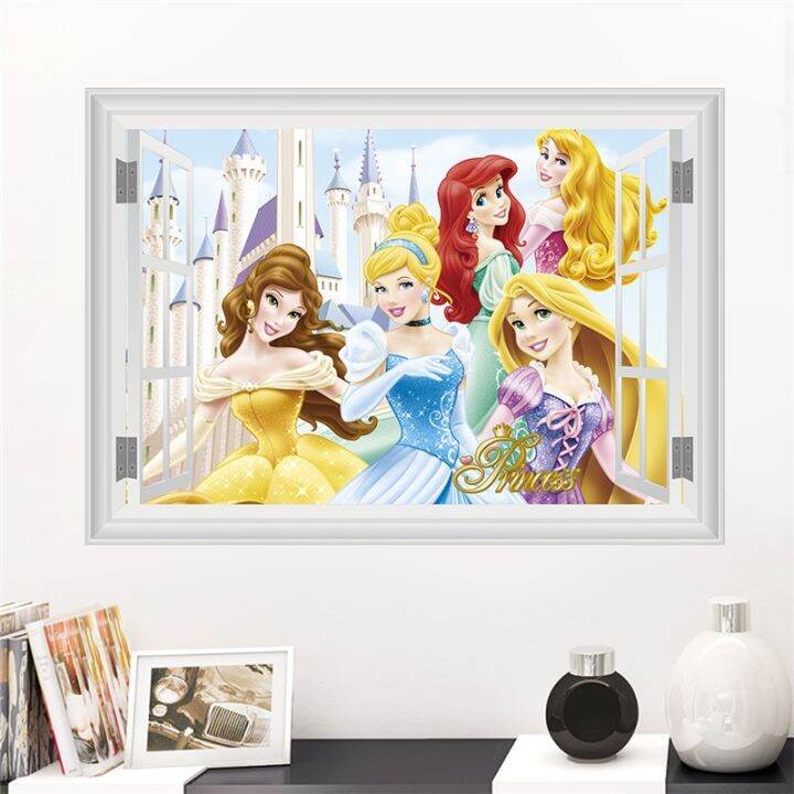 cartoon-belle-ariel-belle-aurora-princess-wall-sticker-for-home-decoration-3d-window-anime-mural-art-diy-kids-room-wall-decals