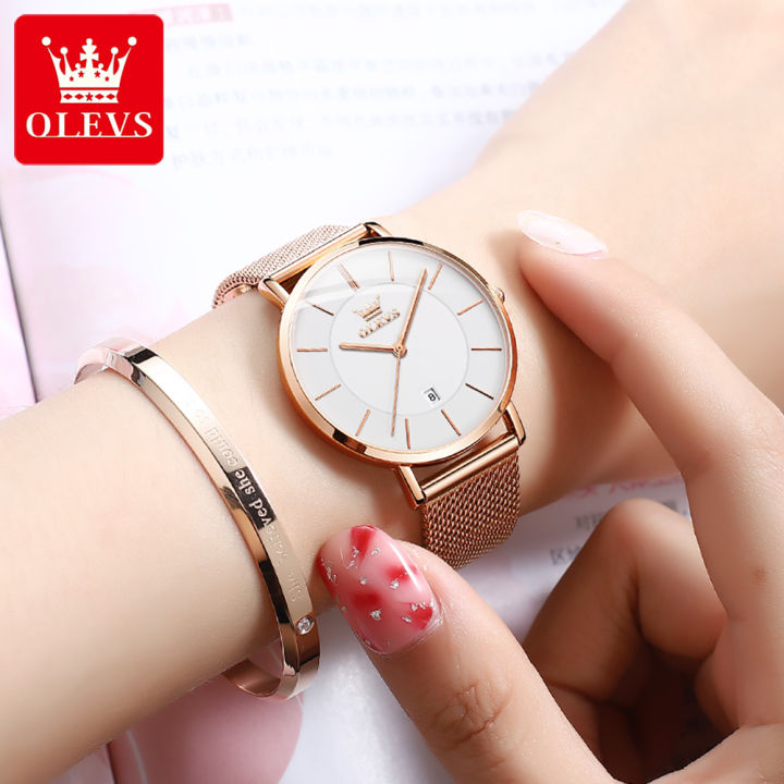 นาฬิกา-olevs-สำหรับผู้หญิงเซ็ตนาฬิกาข้อมือสตรีสายเหล็กมิลานสวยหรูสไตล์เกาหลีกันน้ำของแท้