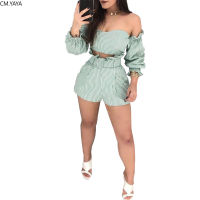 2019 Summer Women off shoulder long sleeve stripes print blouse shirt shorts suit two piece set fashion tracksuit outfit GLB9191