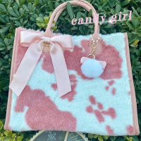 Xiuya Cute Womens Tote Bag 2022 Japanese Harajuku Kawaii Cow Print Handbags For Women Pink Plush Lolita Fur Bag With Ribbon Bow