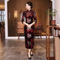 【LZ】☊  FZSLCYIYI-Cheongsam do casamento da impressão do veludo do ouro vestido chinês longo estilo oriental robe para Orientale Qipao