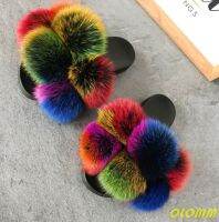 Wholesale Women Real Fox Fur Slides Home fluffy Flat Sandals Female Cute Fluffy House Shoes Woman raccoon fur slides