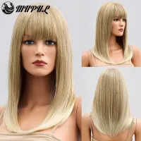 Long Ombre Blonde Daily Natural Straight Synthetic Wigs For White Women With Bangs Cosplay Fiber Hair Heat Resistant Girl Wig Wig  Hair Extensions Pad