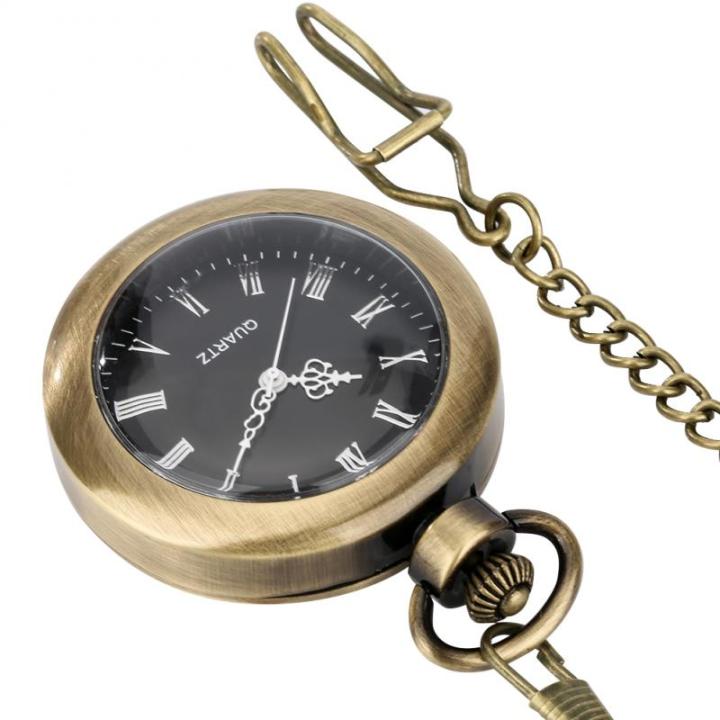 นาฬิกาควอตซ์นาฬิกาพกอัลลอยหน้าปัดเลขโรมันสีบรอนซ์แบบเรียบนาฬิกาวินเทจวินเทจพร้อมต่างหูมีโซ่