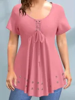 NianMiao Plus Size Casual Peplum Top, Womens Plus Solid Grommet Lace Up Short Sleeve Sweetheart Neck Medium Stretch Blouse